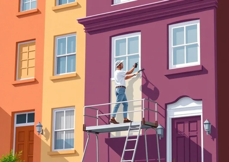 Peintre sur échafaudage traitant la façade d'une maison